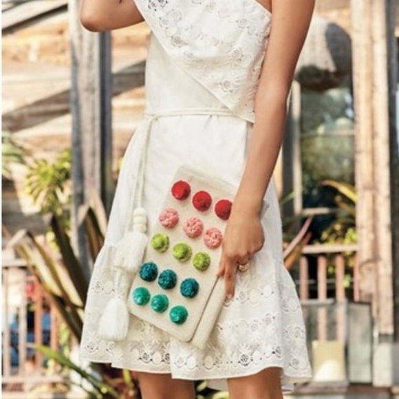 Stella and Dot St. Barth's Linen Multi Color Pom Pom Clutch - Picture 1 of 6
